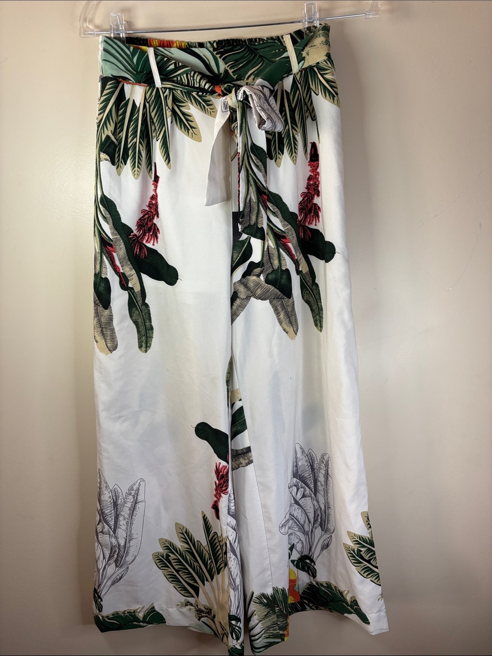Tie-Waist Tropical Wide-Leg Pants - White/Green